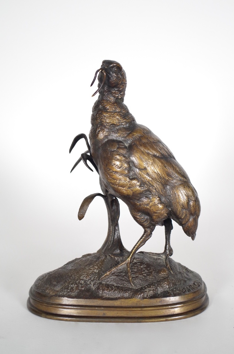 Partridge With Earthworm, In Patinated Bronze, Signed By Ferdinand Pautrot