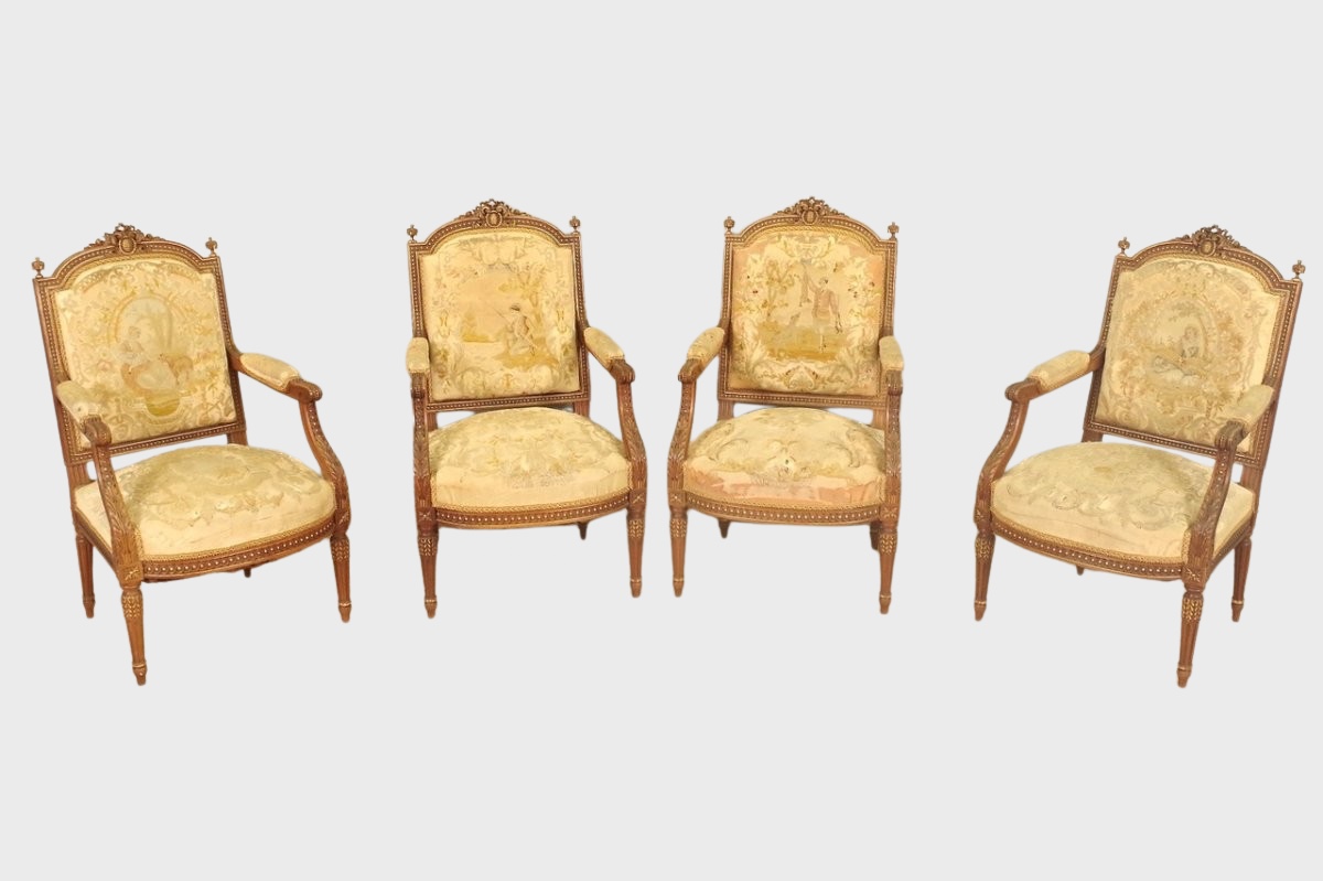Quatre fauteuils style Louis XVI tapisserie petit point
