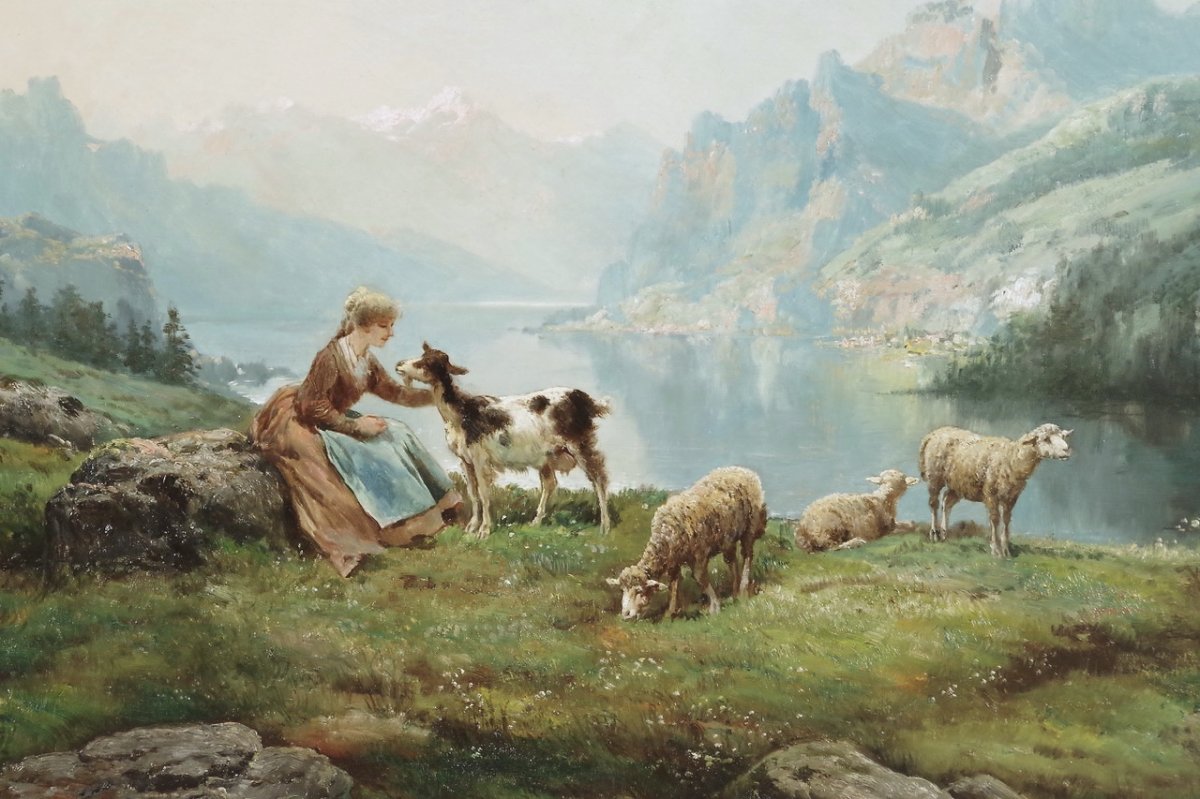 Théodore Lévigne: Shepherdess And Sheep In The Mountains-photo-1