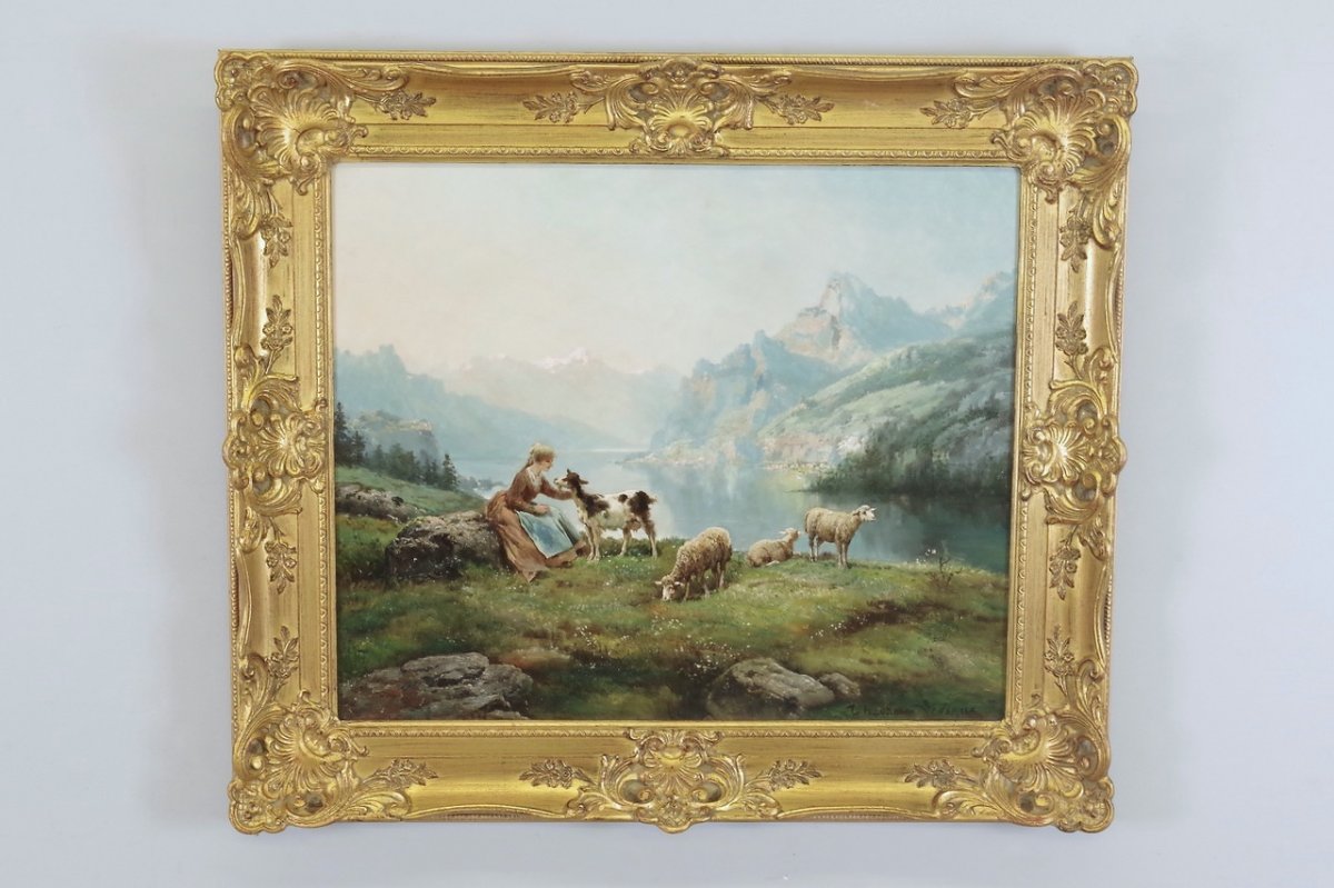 Théodore Lévigne: Shepherdess And Sheep In The Mountains