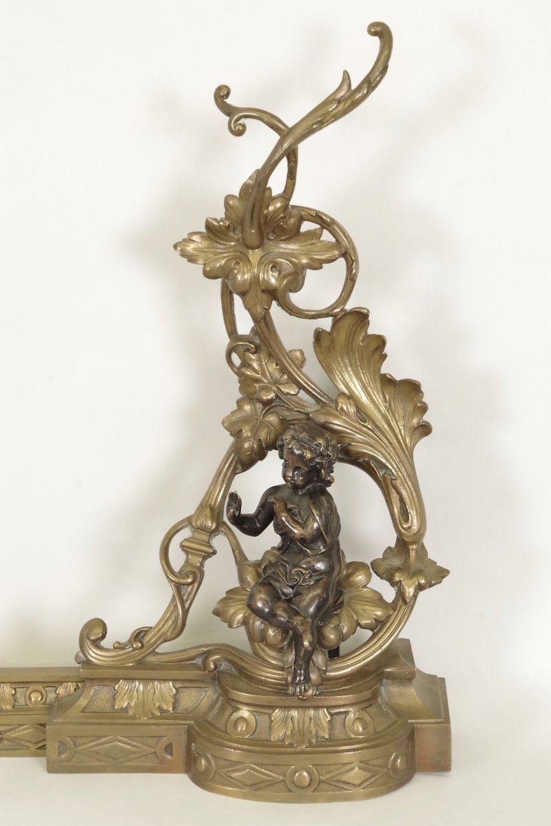 Paire de chenets formant devant de cheminée style Louis XV bronze doré-photo-4