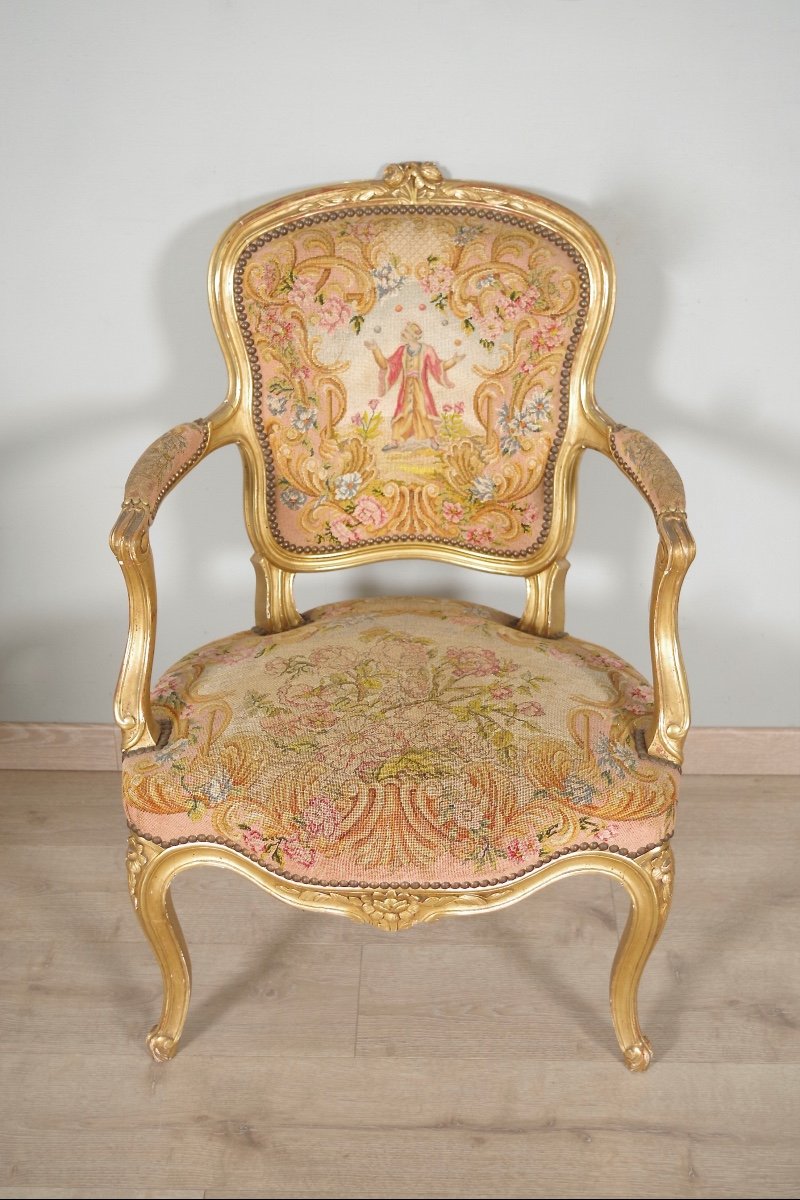 Louis XV Style Golden Wood Armchairs Petit Point-photo-3