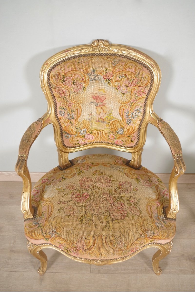 Louis XV Style Golden Wood Armchairs Petit Point-photo-4