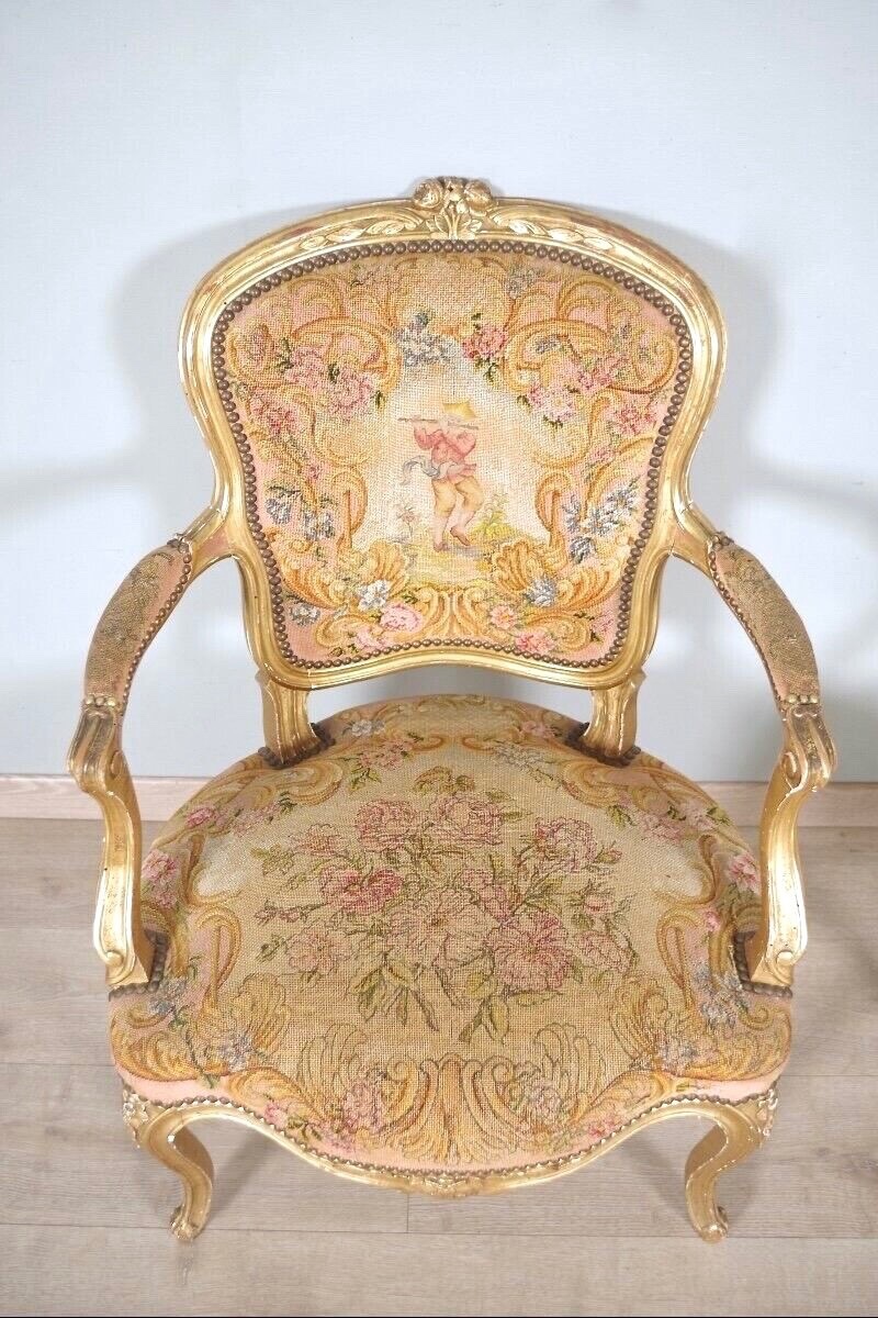 Louis XV Style Golden Wood Armchairs Petit Point-photo-3