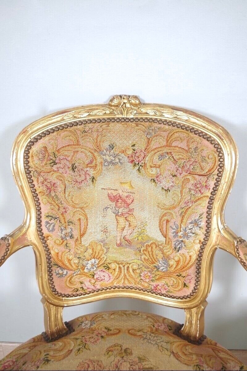 Louis XV Style Golden Wood Armchairs Petit Point-photo-4