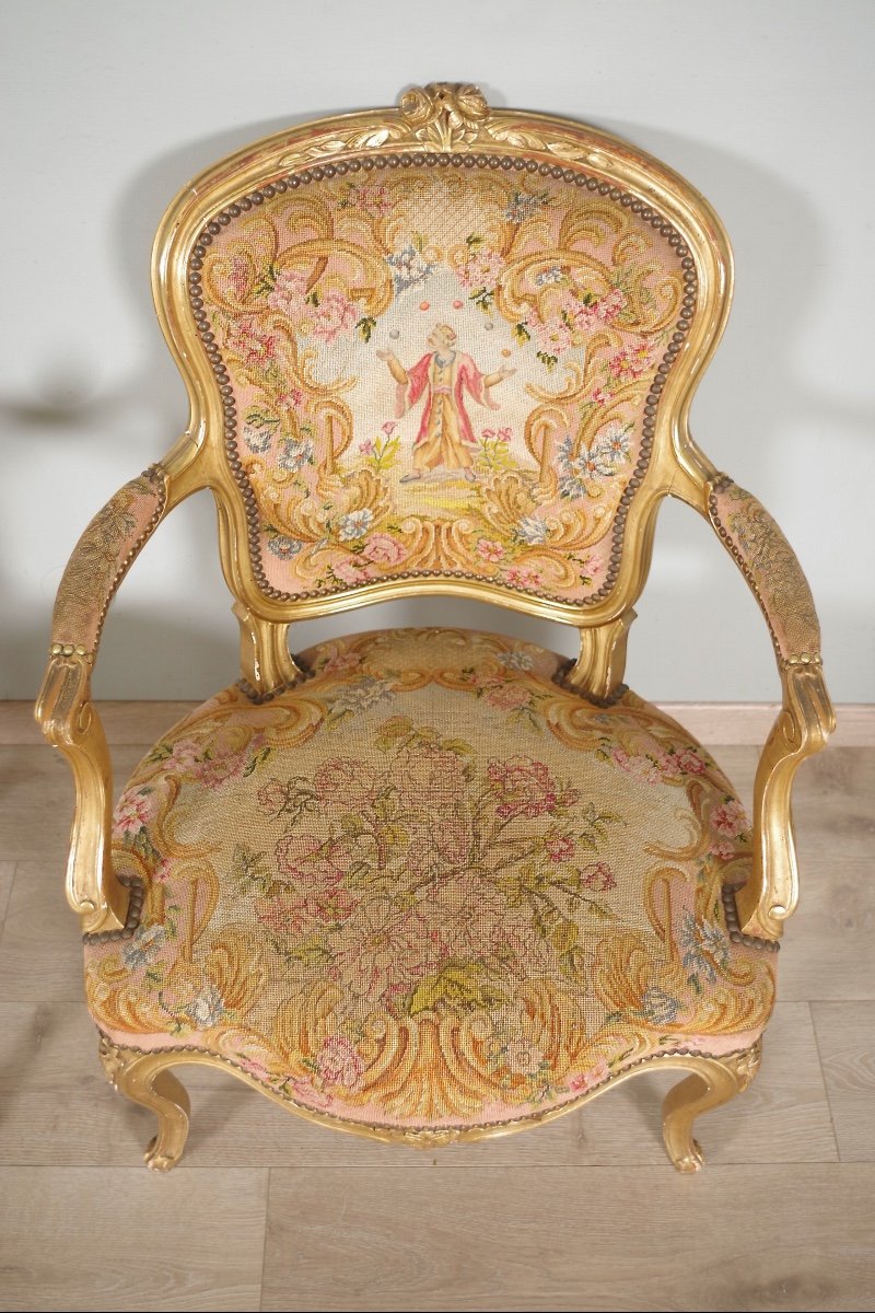 Louis XV Style Golden Wood Armchairs Petit Point-photo-2
