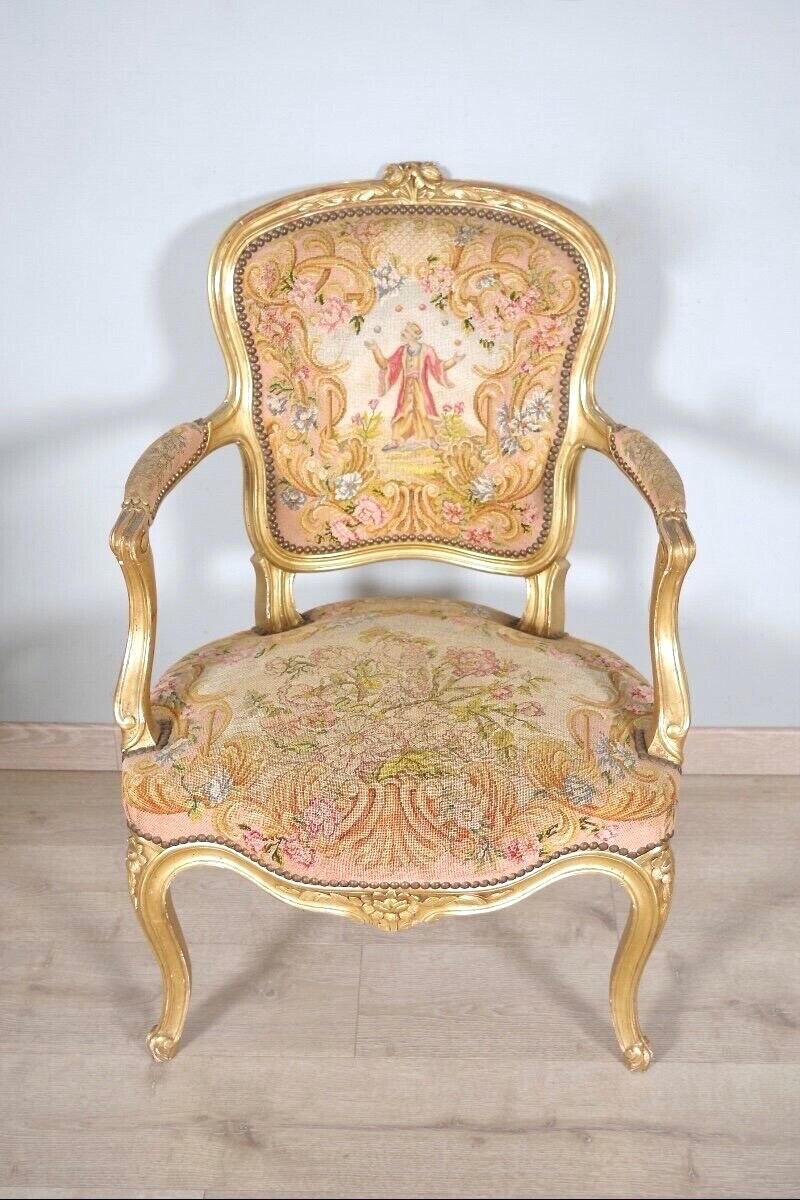 Louis XV Style Golden Wood Armchairs Petit Point-photo-1