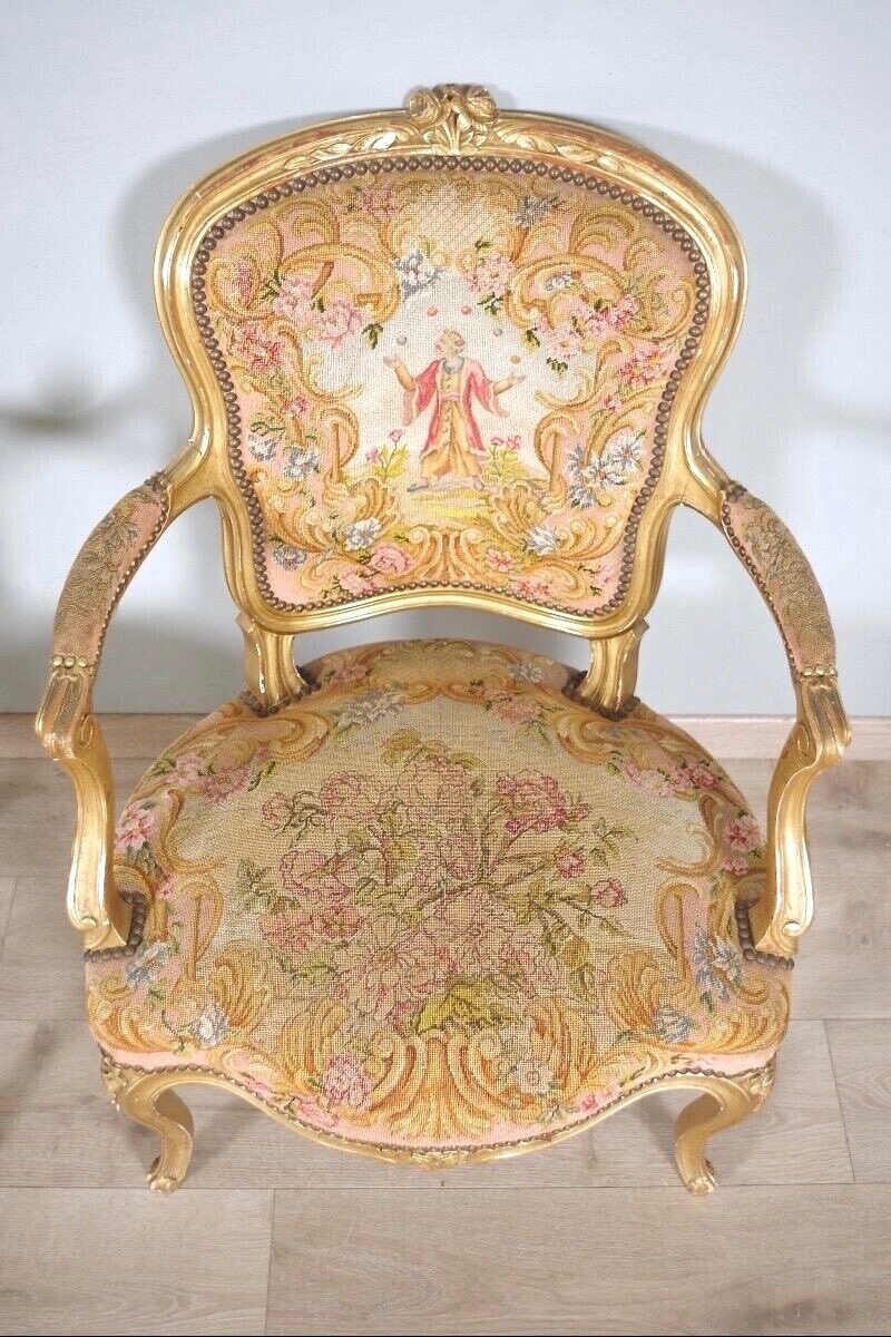 Louis XV Style Golden Wood Armchairs Petit Point-photo-2