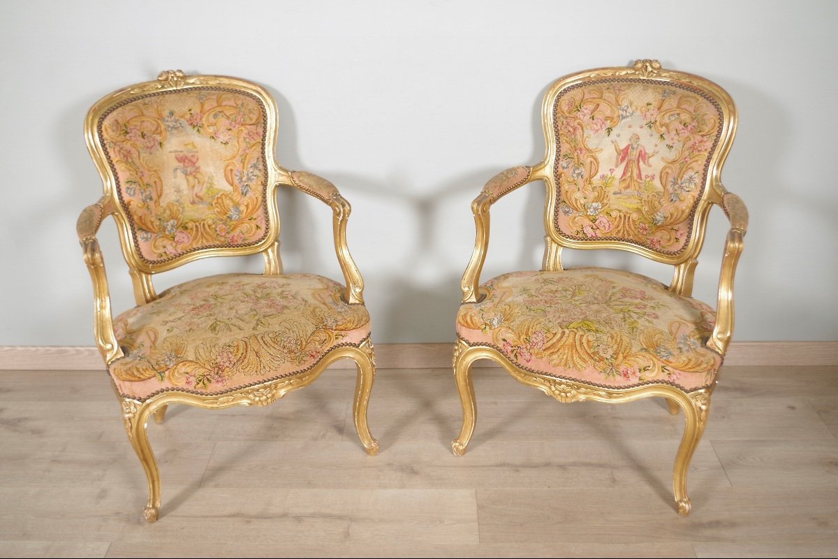 Louis XV Style Golden Wood Armchairs Petit Point