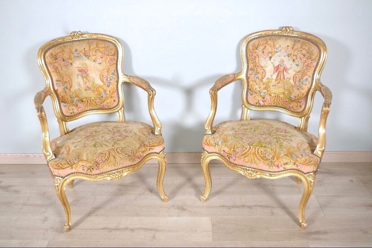 Louis XV Style Golden Wood Armchairs Petit Point