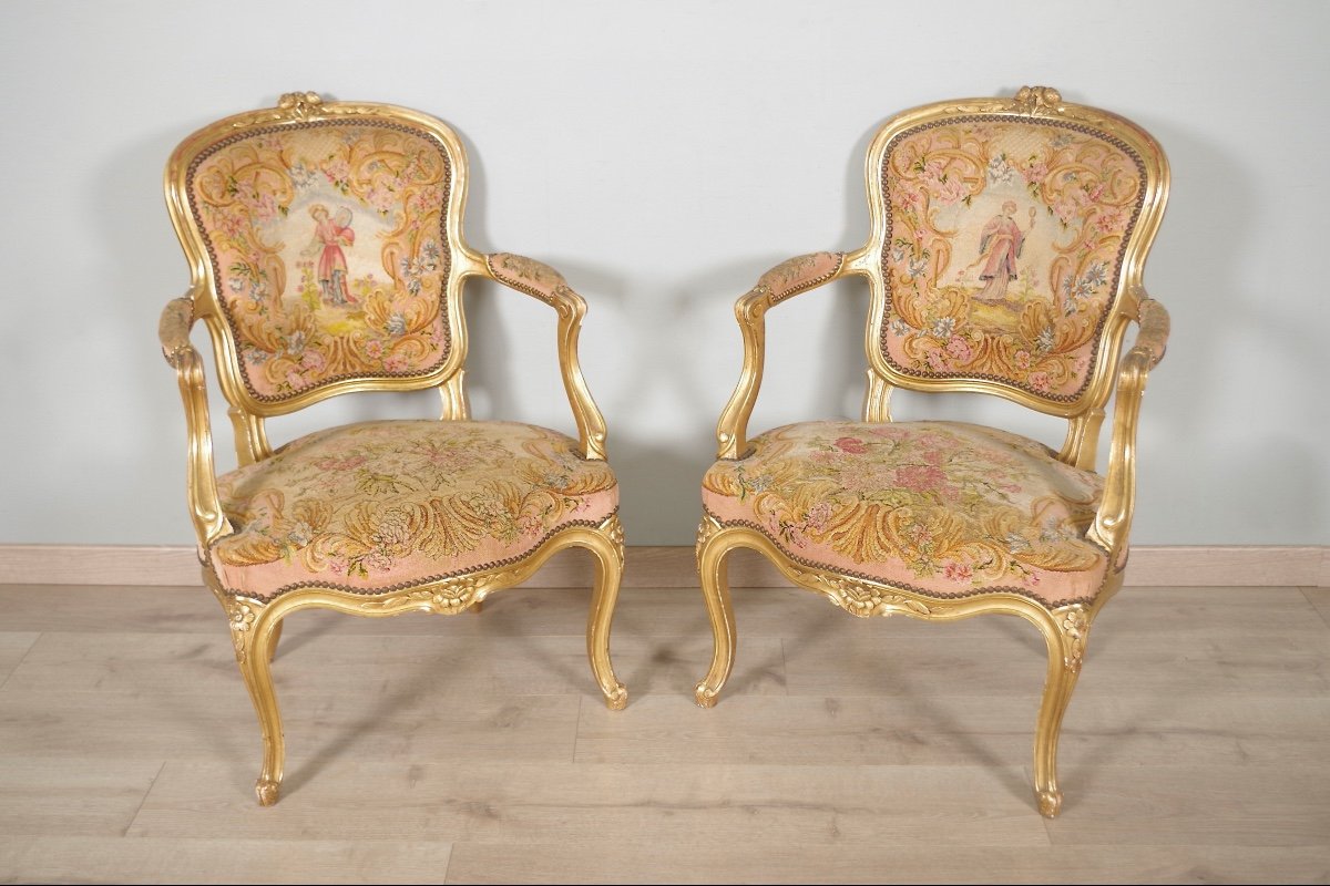 Pair Of Golden Louis XV Style Armchairs