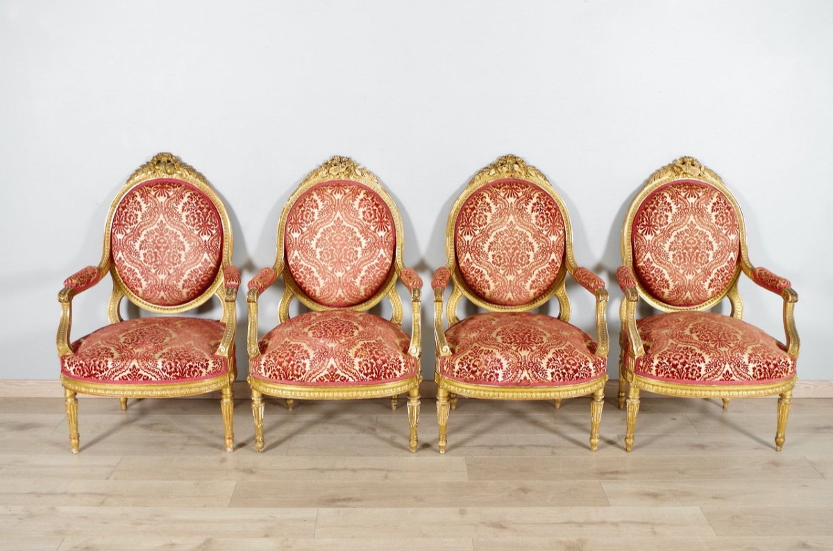 Four Armchairs Louis XVI Style Golden Wood