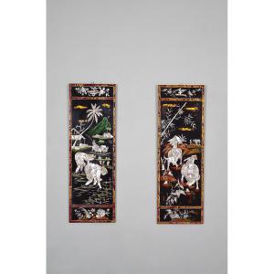 Pair Of Far East Lacquer And Mother-of-pearl Panels