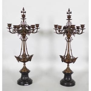 Pair Of Napoleon III Candelabra In Bronze Barbedienne Style