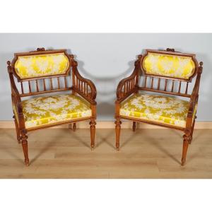 Pair Of Louis XVI Style Walnut Armchairs 1900