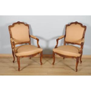 Pair Of Louis XV Style Walnut Armchairs 1900