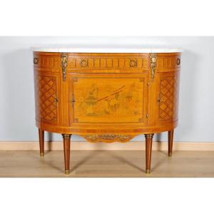 Commode Louis XVI demi-lune à portes, marqueterie et bronzes dorés, vers 1900