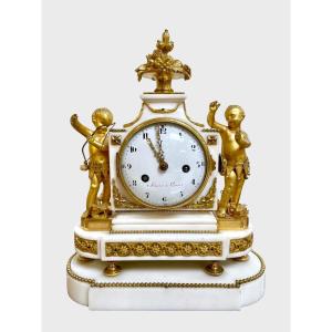 A Louis XVI-era Clock In White Marble And Gilded Bronze, Signed "mercier" In Paris
