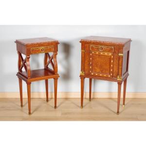 Pair Of Louis XVI Bedside Tables In Mahogany, Amboina Burl, And Gilded Bronze, Circa 1900