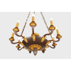 Restored Nine-light Chandelier In Patinated And Gilded Bronze, Circa 1815