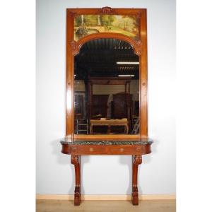 Console trumeau Régence en chêne sculpté, huile/toile, scène de parc, vers 1900