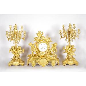 Louis XVI-style Gilded Bronze Mantelpiece Set, Signed Denière, Circa 1860