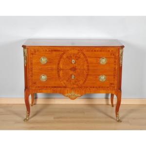 Transition-style Chest Of Drawers In Mahogany And Lemon Tree Veneer, With Gilded Bronze Hardware, Circa 1950