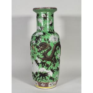 Large Chinese Vase Made Of "famille Rose" Porcelain In The Dayazhai Style With A Green Base