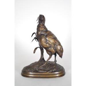 Partridge With Earthworm, In Patinated Bronze, Signed By Ferdinand Pautrot