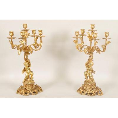 Pair Of Gilt Bronze Candelabra Toddlers Louis XV Style Napoleon III