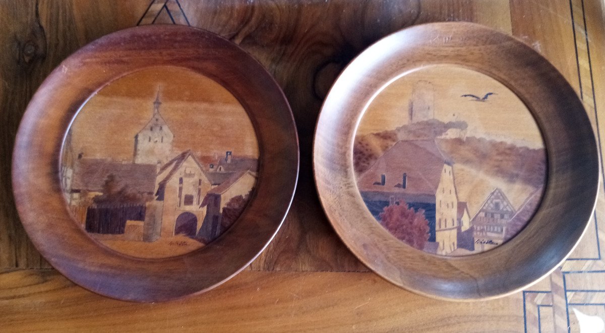 Pair Of Spindler Alsace Marquetry Medallions