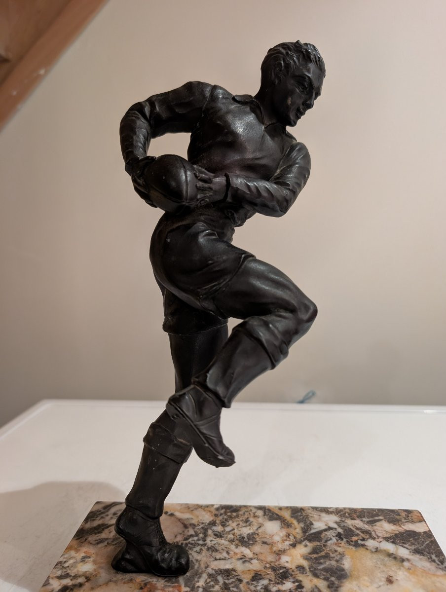 Large Bronze Patinated Art Deco Statue Of A Rugby Player-photo-2