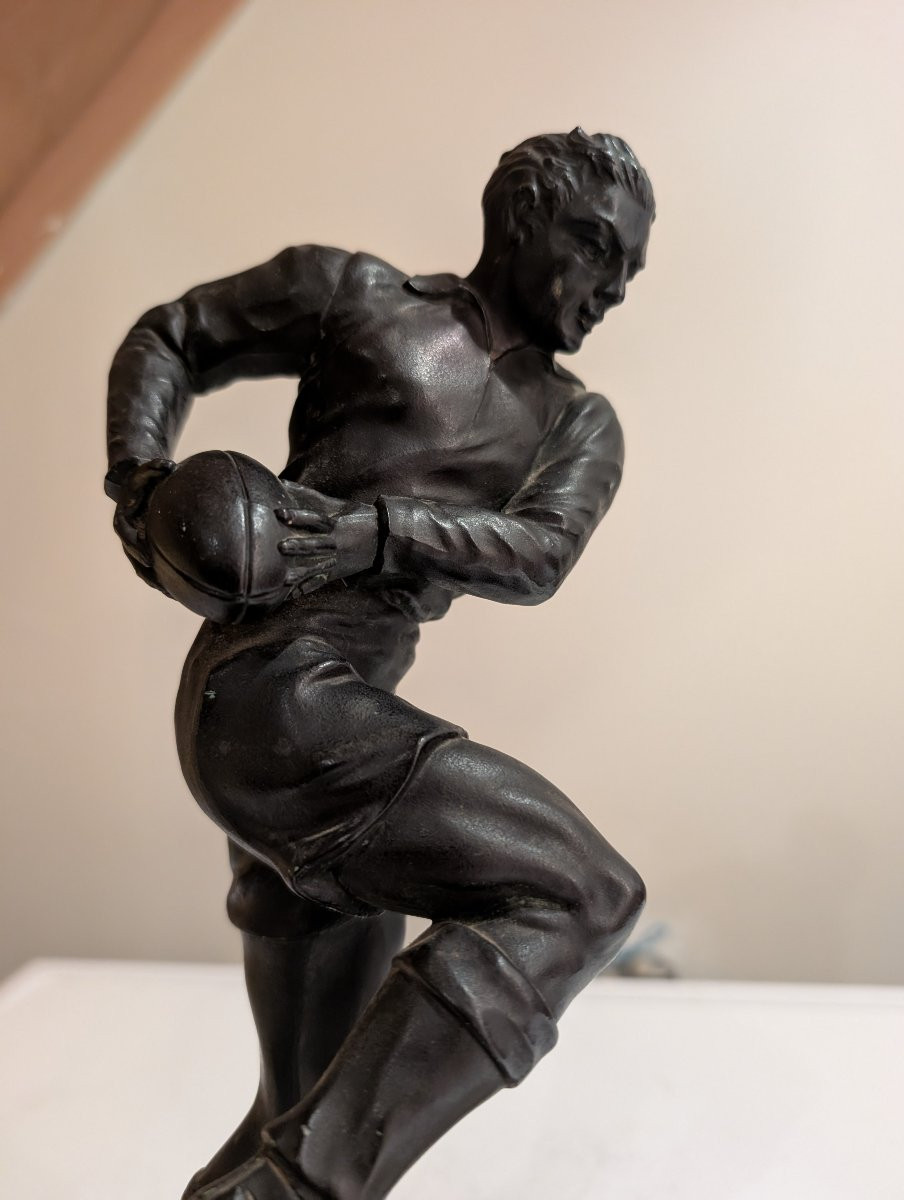 Large Bronze Patinated Art Deco Statue Of A Rugby Player-photo-3