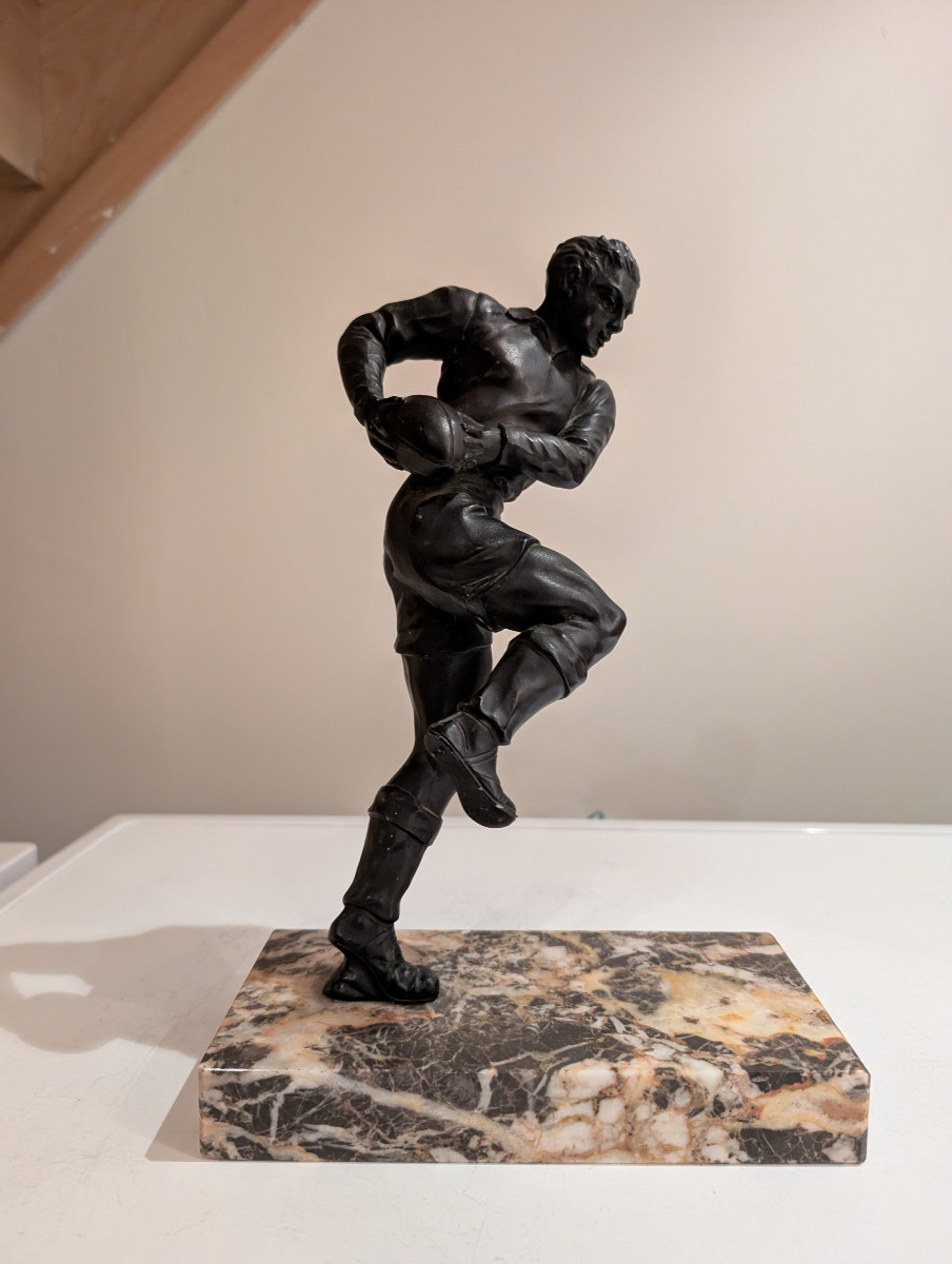 Large Bronze Patinated Art Deco Statue Of A Rugby Player