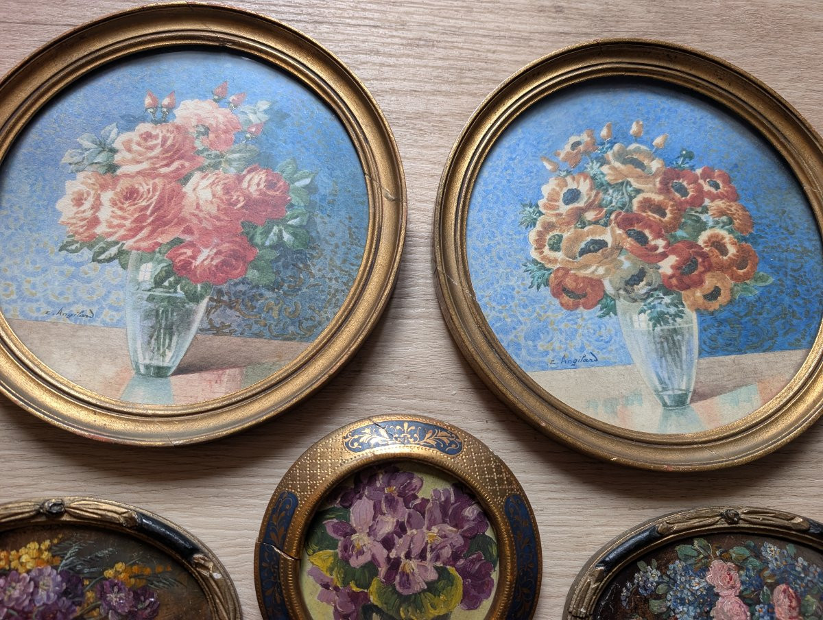 ensemble de 6 aquarelles et huiles miniatures art deco signées-photo-2