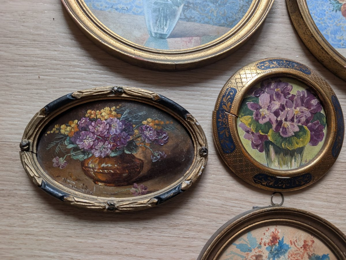 ensemble de 6 aquarelles et huiles miniatures art deco signées-photo-3