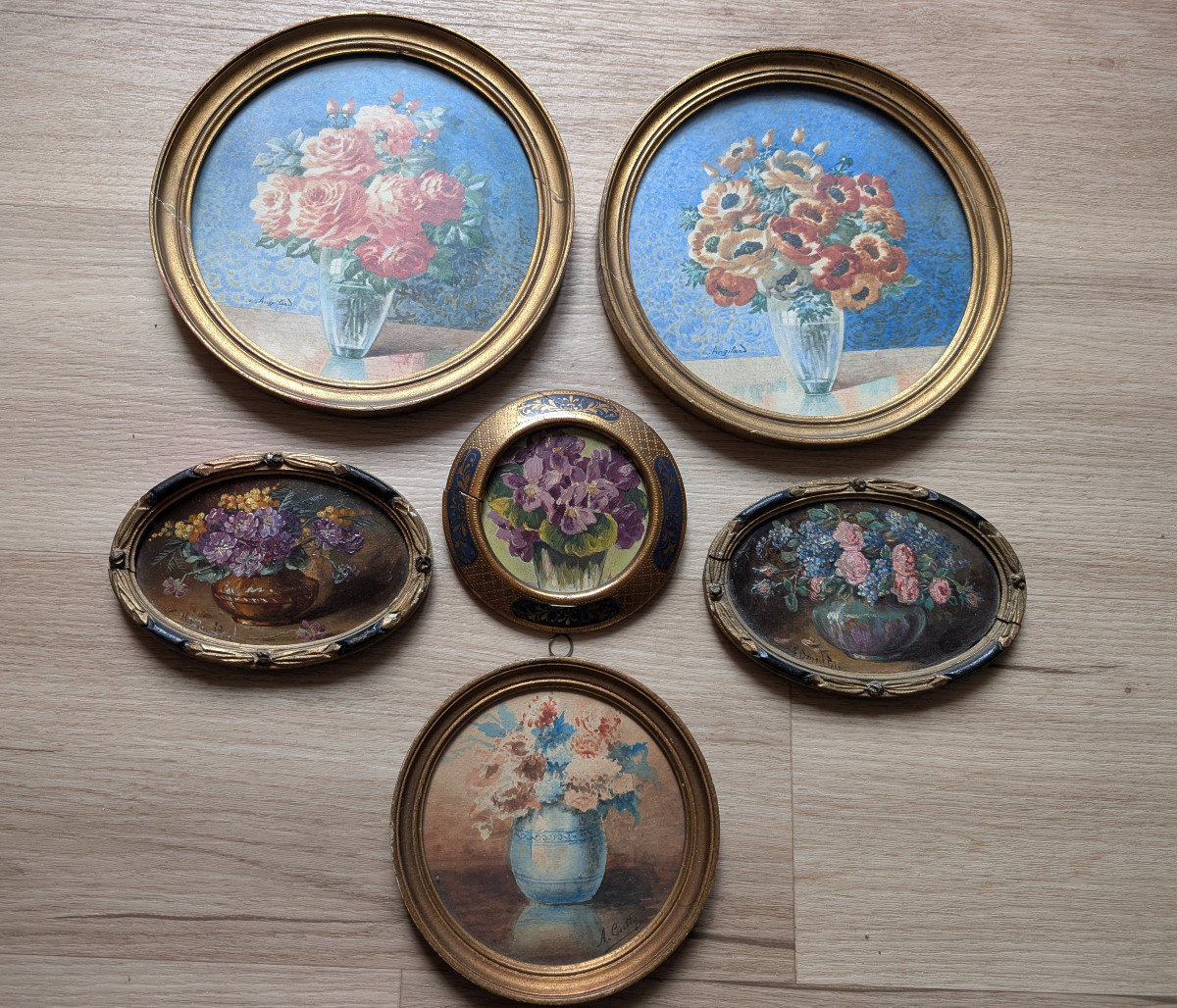 ensemble de 6 aquarelles et huiles miniatures art deco signées