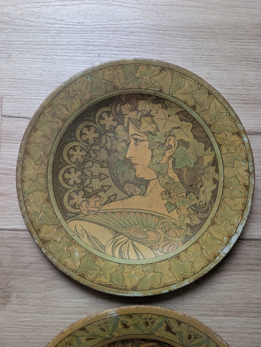 Alfons Mucha Pair Of Flat Lithographs On Metal-photo-2