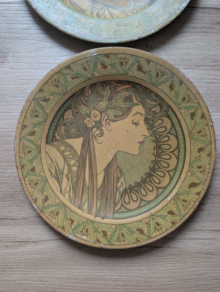 Alfons Mucha Pair Of Flat Lithographs On Metal-photo-3