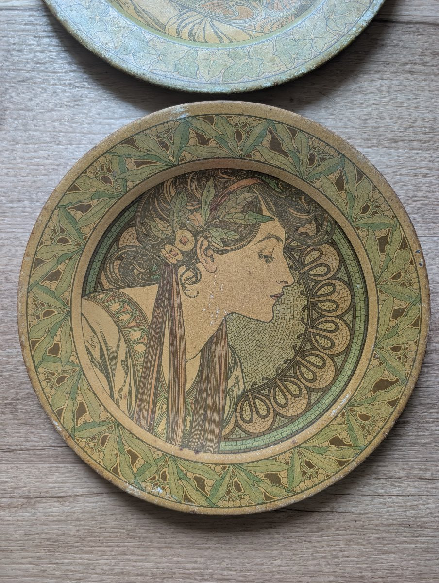Alfons Mucha Pair Of Flat Lithographs On Metal-photo-4