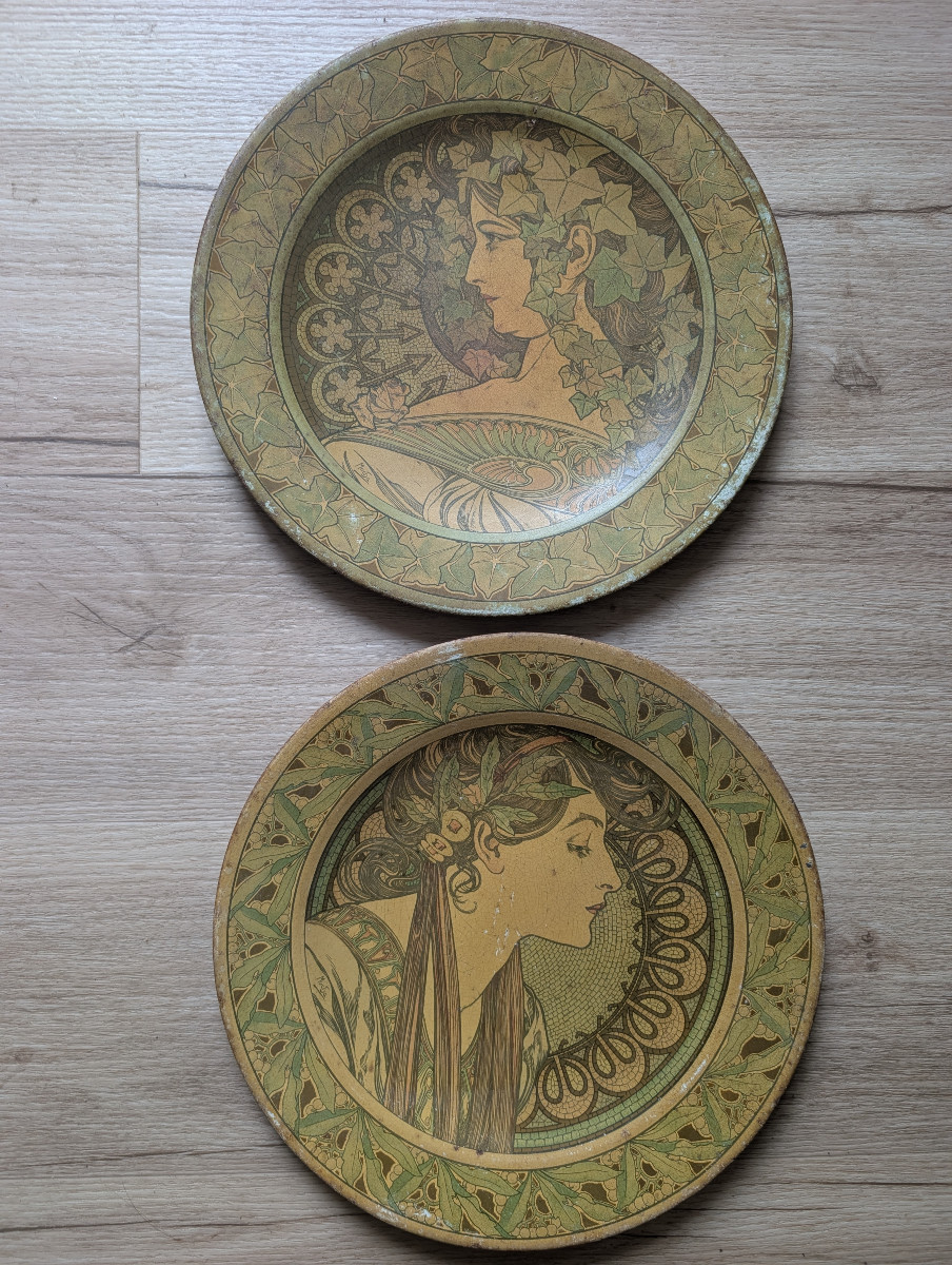 Alfons Mucha Pair Of Flat Lithographs On Metal