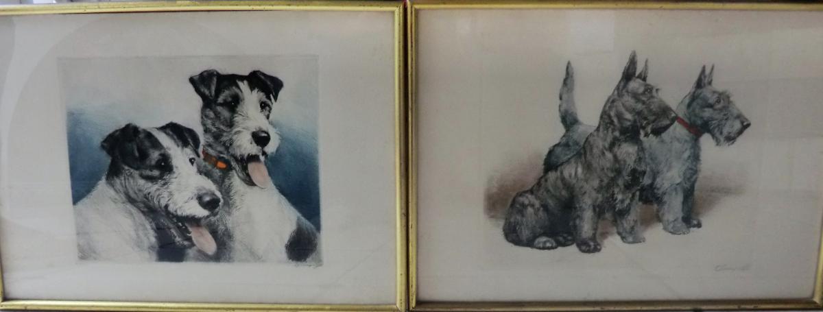 Paire De Gravures De Chasse Representant Des Fox Terriers Art Deco