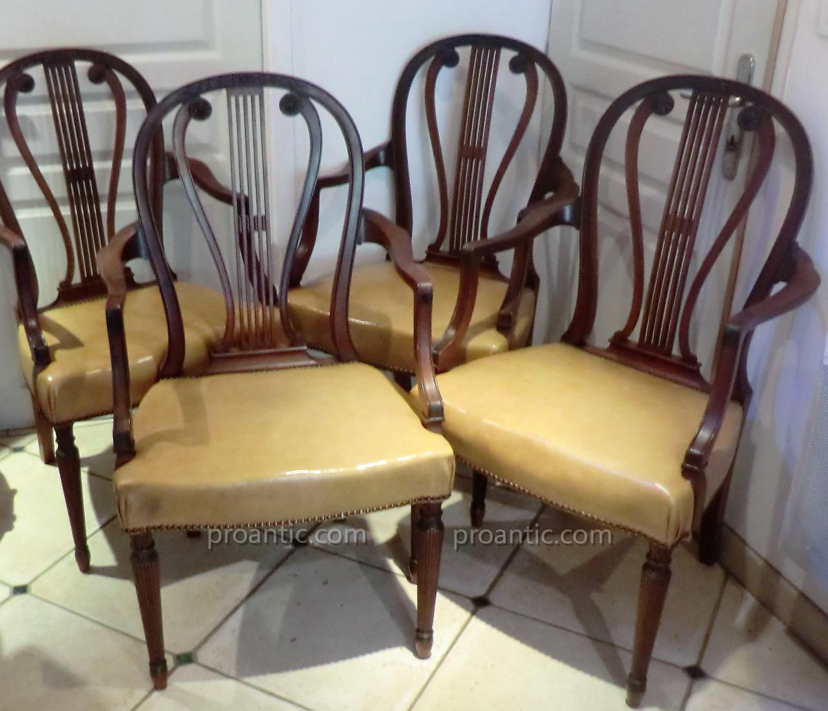 4 Fauteuils Lyre Anglais En Acajou