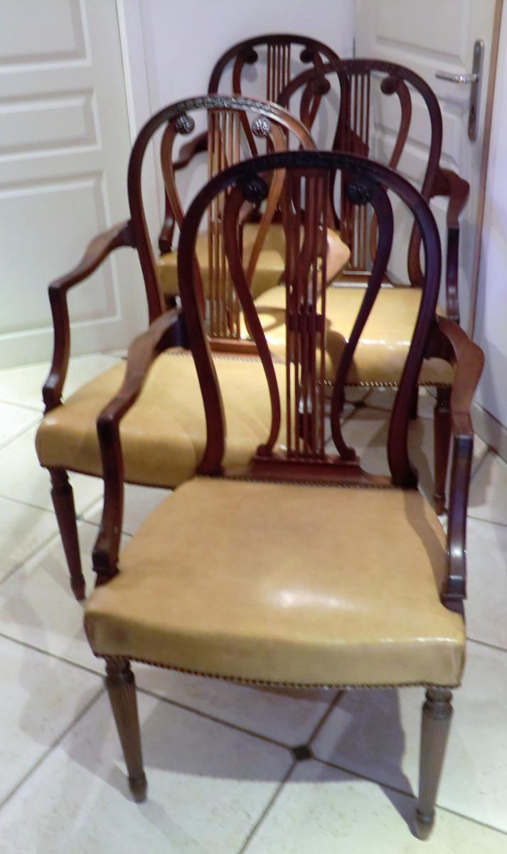 4 Armchairs Lyre English Mahogany-photo-3