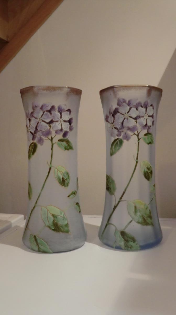 Paire De Vases Emailles Legras Decor Floral