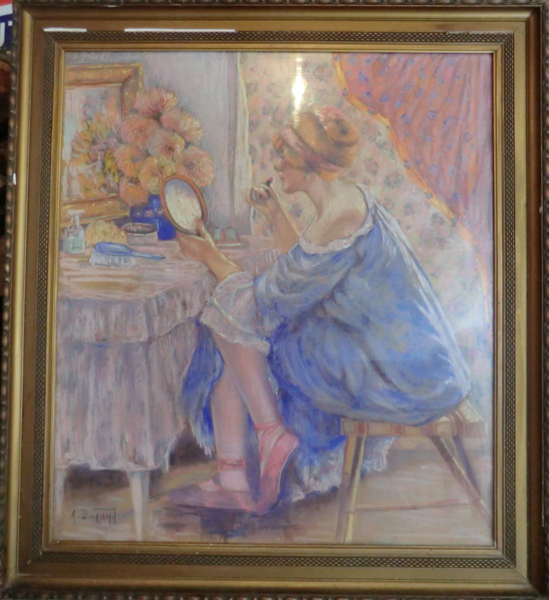 Large Pastel Art Deco Young Woman Has The Toilet By A Durand