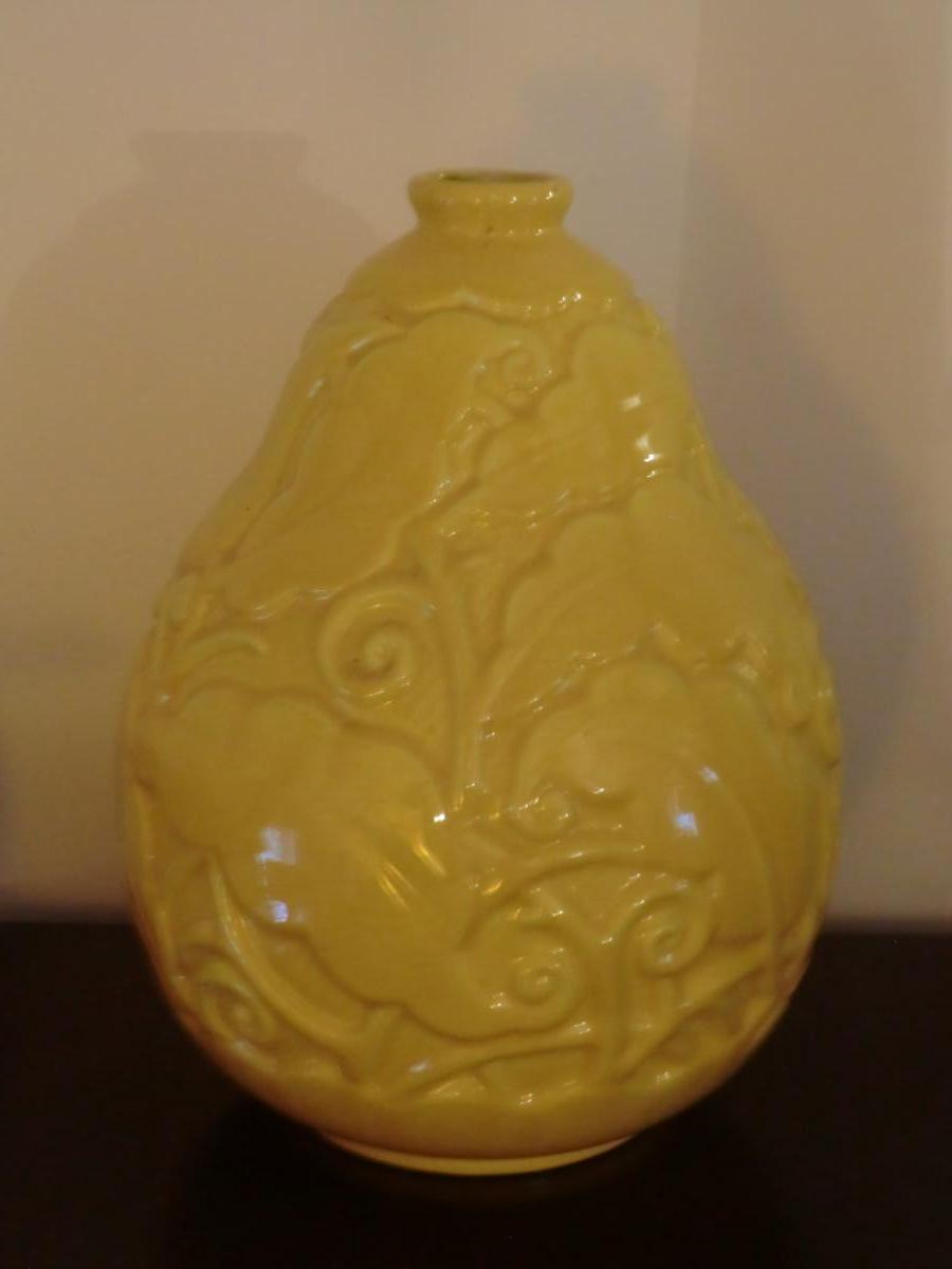 St Clement Yellow Cracked Art Deco Vase-photo-2