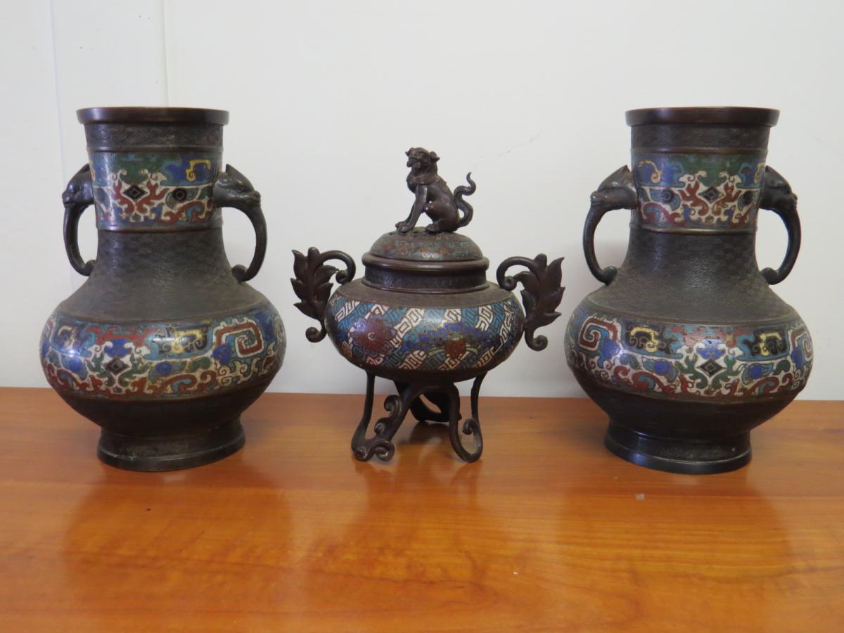 Ensemble Vases Et Brule Parfum Cloisonnés asie