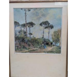 pastel giuseppe casciero promeneurs en foret