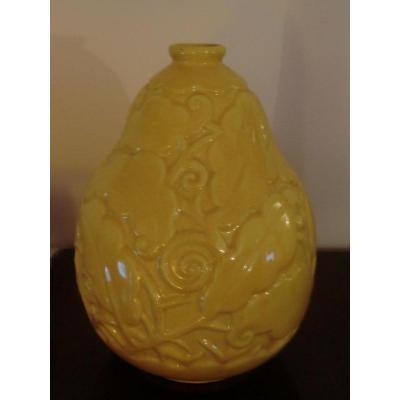 Vase Art Deco En Faience Jaune Craquelée De St Clement